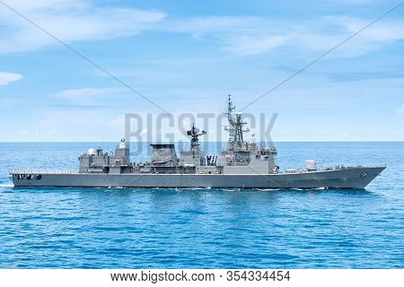 Guided Missile Frigate Type Navy Ship Sails In The Sea To Protect Sea Line Of Communcation Or Sloc.