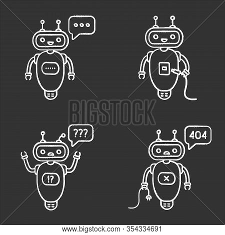 Chatbots Chalk Icons Set. Talkbots. Virtual Assistants. Typing, Usb, Question, Not Found Chat Bots. 