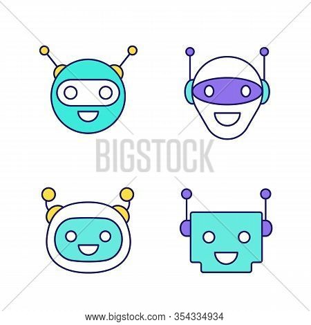 Chatbots Color Icons Set. Talkbots. Laughing Virtual Assistants Collection. Conversational Agents. M