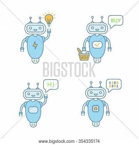 Chatbots Color Icons Set. Talkbots. Virtual Assistants. New Idea, Buy, Hi, Code Chat Bots. Modern Ro