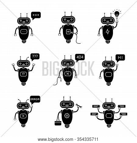 Chatbots Glyph Icons Set. Talkbots. Typing, Usb, Idea, Question, Not Found, Hi, Error, Repair, Chat 