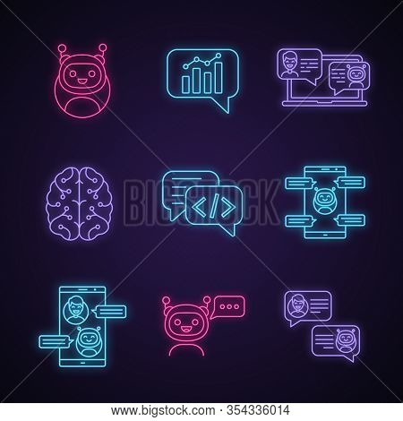 Chatbots Neon Light Icons Set. Talkbots. Graph, Support, Code, Messenger, Chat Bots. Modern Robots. 