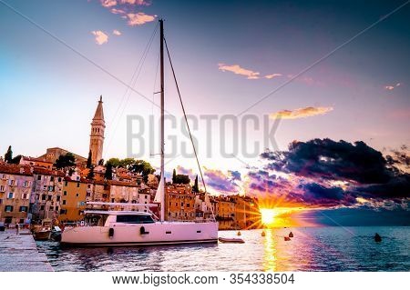Rovinj Croatia, City Village Of Rovinj Croatia, Colorful Town With Church And Old Historical House B
