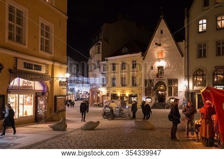Tallinn, Estonia - January 12, 2018: Night Winter View Of The Old Buildings In The Historical Part O
