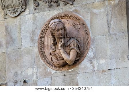 Barcelona, Spain - May 16, 2017: Medallion With The Maria Malibran (1847) In The Facade Of Teatre Pr