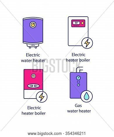 Heating Color Icons Set. Central Heating System. Electric And Gas Water Heater And Heating Boilers. 