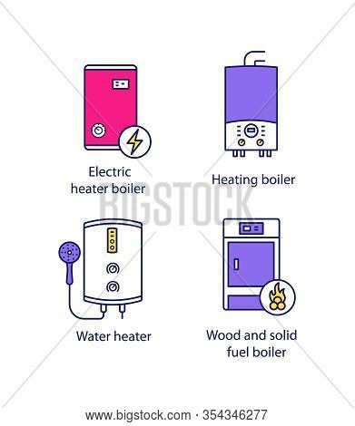 Heating Color Icons Set. Electric Boiler, Gas And Electric Tankless Water Heater, Solid Fuel Boiler.
