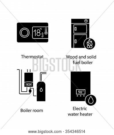 Heating Glyph Icons Set. Digital Thermostat, Solid Fuel Boiler, Boiler Room, Electric Water Heater. 