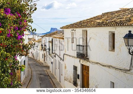 Altea, Spain - March 05, 2020: View To Beautifuly Small Spanish Village Altea Street With Authentic 