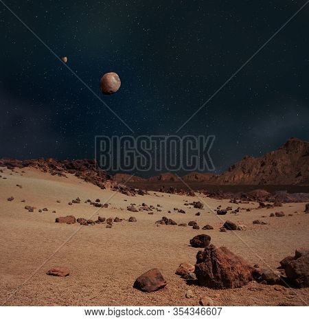 Illustration Of Moons Phobos And Deimos In The Sky Of The Planet Mars Rocky Landscape.