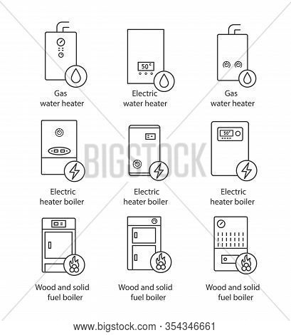 Heating Linear Icons Set. Thin Line Contour Symbols. Gas, Electric, Solid Fuel, Boilers And Water He