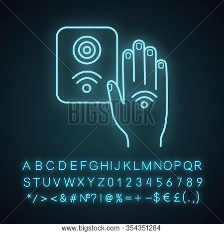 Nfc Reader Neon Light Icon. Rfid Access Control. Glowing Sign With Alphabet, Numbers And Symbols. Nf