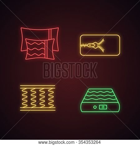 Orthopedic Mattress Neon Light Icons Set. Pillows, Removable Cover, Spring And Air Mattresses. Glowi
