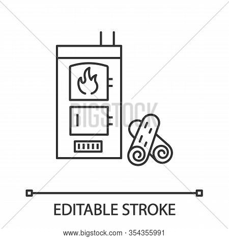 Solid Fuel Boiler Linear Icon. House Central Heater. Thin Line Illustration. Firewood Boiler With Tw