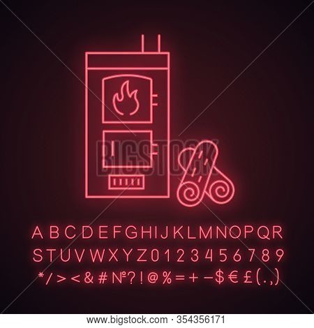 Solid Fuel Boiler Neon Light Icon. House Central Heater. Firewood Boiler With Two Chambers. Heating 