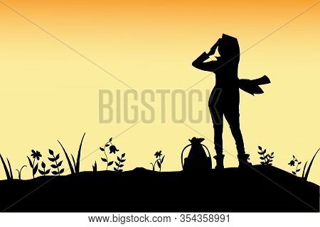 Girl Traveler With A Backpack Meets In The Mountains Dawn Or Sunset. Mountain Landscape With The Set