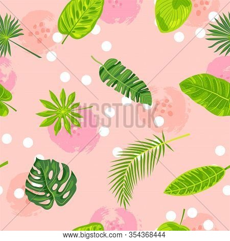 Jungle Leaves On Pink Background Seamless Pattern. Vector Illustration