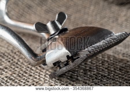 Vintage Clipper. Horizontal Orientation. Lies On A Rough Burlap Sack.