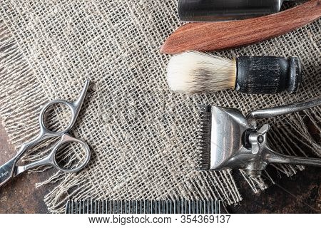 Vintage Barber Tools Dangerous Razor, Hairdressing Scissors, Old Manual Clipper, Metal Comb, Shaving