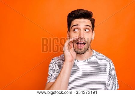 Close Up Photo Of Funky Silly Macho Guy Chatterbox Hold Arm Near Mouth Telling Secrets Wear Casual S
