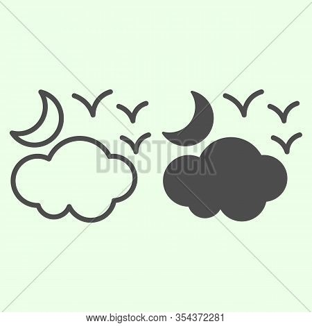 Halloween Cloudy Night Line And Solid Icon. Half Moon With Clouds And Birds Outline Style Pictogram 