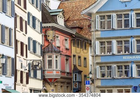 Zuerich, Switzerland - November 9, 2019. Beautiful Medieval Houses In The Historical Centre Of Zueri
