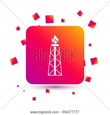 White Oil Rig With Fire Icon Isolated On White Background. Gas Tower. Industrial Object. Square Colo