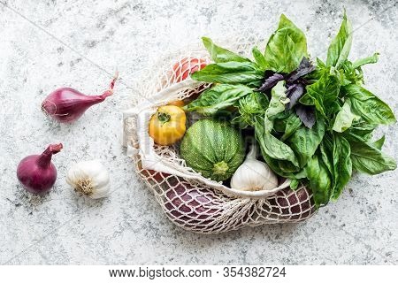 Zero Waste Cconcept. Package-free Food Shopping. Eco Friendly Natural Bag With Organic Fruits And Ve