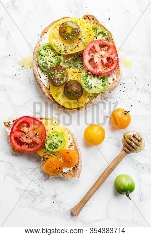 Italian Appetizer Friselle With Tomatoes, Cheese And Thyme. Italian Cuisine. Healthy Vegetarian Food