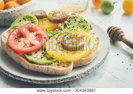 Italian Appetizer Friselle With Tomatoes, Cheese And Thyme. Italian Cuisine. Healthy Vegetarian Food