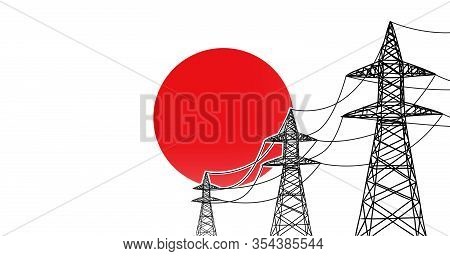 Japan Electric Power Supply Lines Vector Concept Three High Voltage Poles With Wires On Flag Backgro