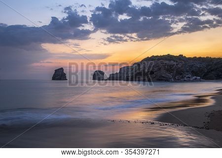 First Lights Of The Beautiful Sunrise In Winter In Hendaye From The Beach. France