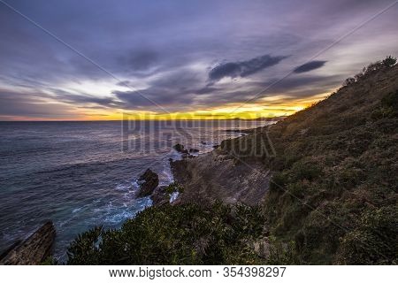 Orange Sunrise In Fuenterrabia From Jaizkibel, Guipuzcoa. Basque Country