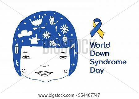 Concept Of Down Syndrome. Smiling Face Of A Disabled Girl Isolated On A White Background In The Styl