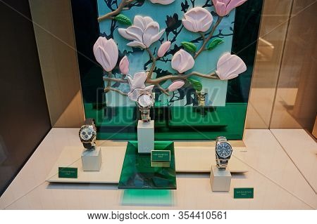 Vienna, Austria - Feb 19, 2020: Rolex Store Window In Vienna. Rolex Sa Is A Swiss Luxury Watchmaker.