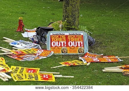 Bristol, Uk - June 10, 2017: Placards On The Ground Before A Demonstration Held On College Green To 