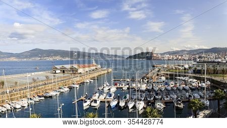 Panorama Of Vigo Estuary, Marina Of The Real Club Nautico Yacht Club And Transatlantic Dock. Ponteve