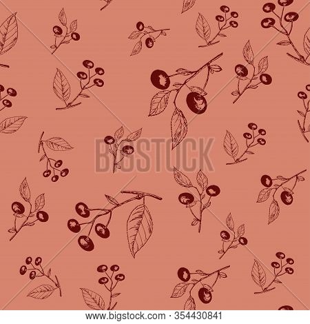 Cherry Pattern With Berries And Red Leaves Contour, Coral Color Background. Stock Vector Illustratio