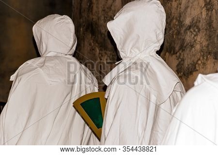 Puget-theniers, France - February 26, 2020: The Traditional Annual Parade Of White Penitents