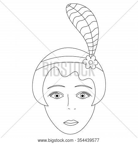 Vector Illustration Of The Face Of An Elegant Girl From 1920. Full Face. Short Hair. Hairstyle A La 
