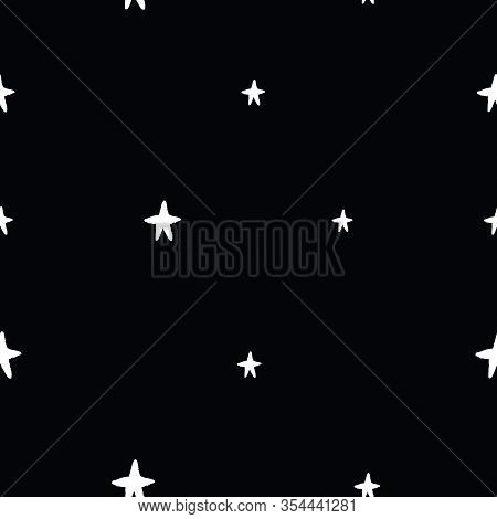 Vector Space Seamless Pattern With Stars. Night Sky Hand Drawn Doodle Astronomical Background