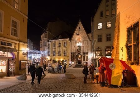 Tallinn, Estonia - January 12, 2018: Night Winter View Of The Old Buildings In The Historical Part O