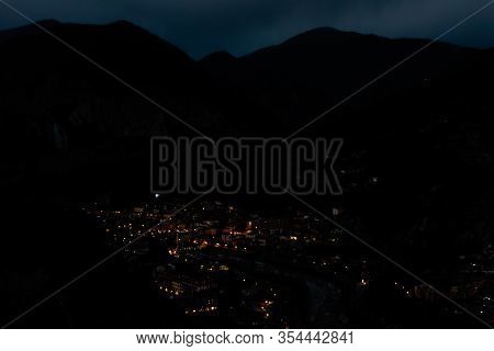 The Panoramic View Of A Medieval French Village Puget-theniers At Night In The Dark