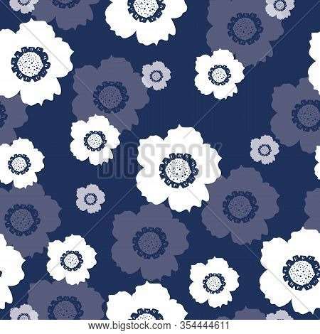 Repeat Vintage Flower Pattern With Blue Background. Seamless Floral Pattern. Blue And White. Stylish