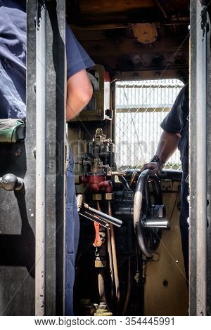 A Driving Mechanism Of  The Traditional Steam-engine Train, A View Inside Driver Cockpit Of Steam Tr