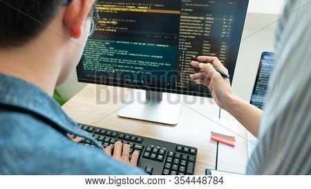Collaborative Work Software Engineers Website Developer Technologies Or Programmer Working Coding On