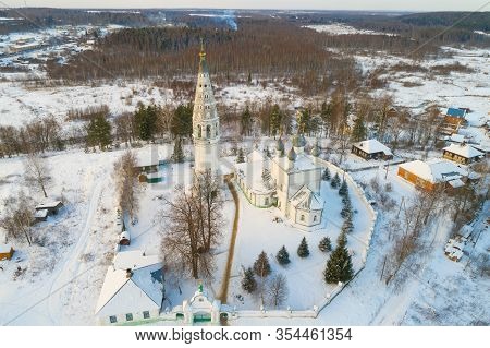 Ancient Transfiguration Cathedral On January Day Aerial Photography). Sudislavl. Kostroma Region, Ru