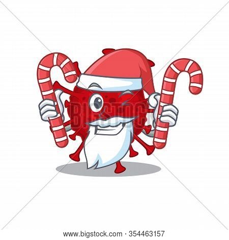 Friendly Betacoronavirus In Santa Cartoon Character Having Candies
