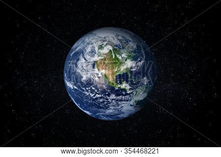 Planet Earth In The Starry Sky Of Solar System In Space. This Image Elements Furnished By Nasa.
