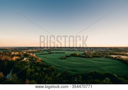 Sunrise. Morning Aerial View In The Meadows.